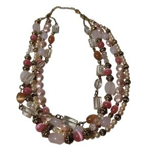 Vintage Multistrand Costume‎ Jewelry Necklace Pink White Gold Clear Beads